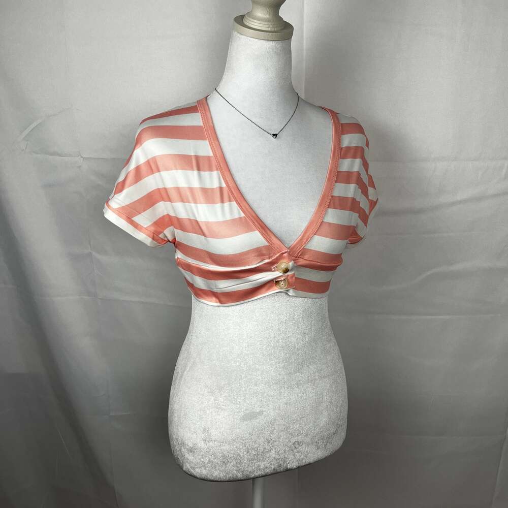 Y2K-Inspired Pink Striped Bolero Short Sleeve Top - S